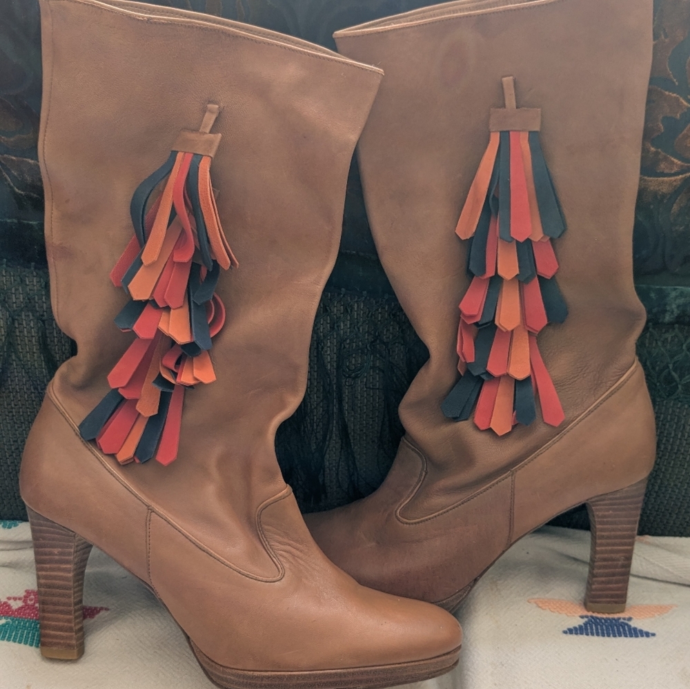 Patricia Blanchet leather boots w/fringe, Size 38